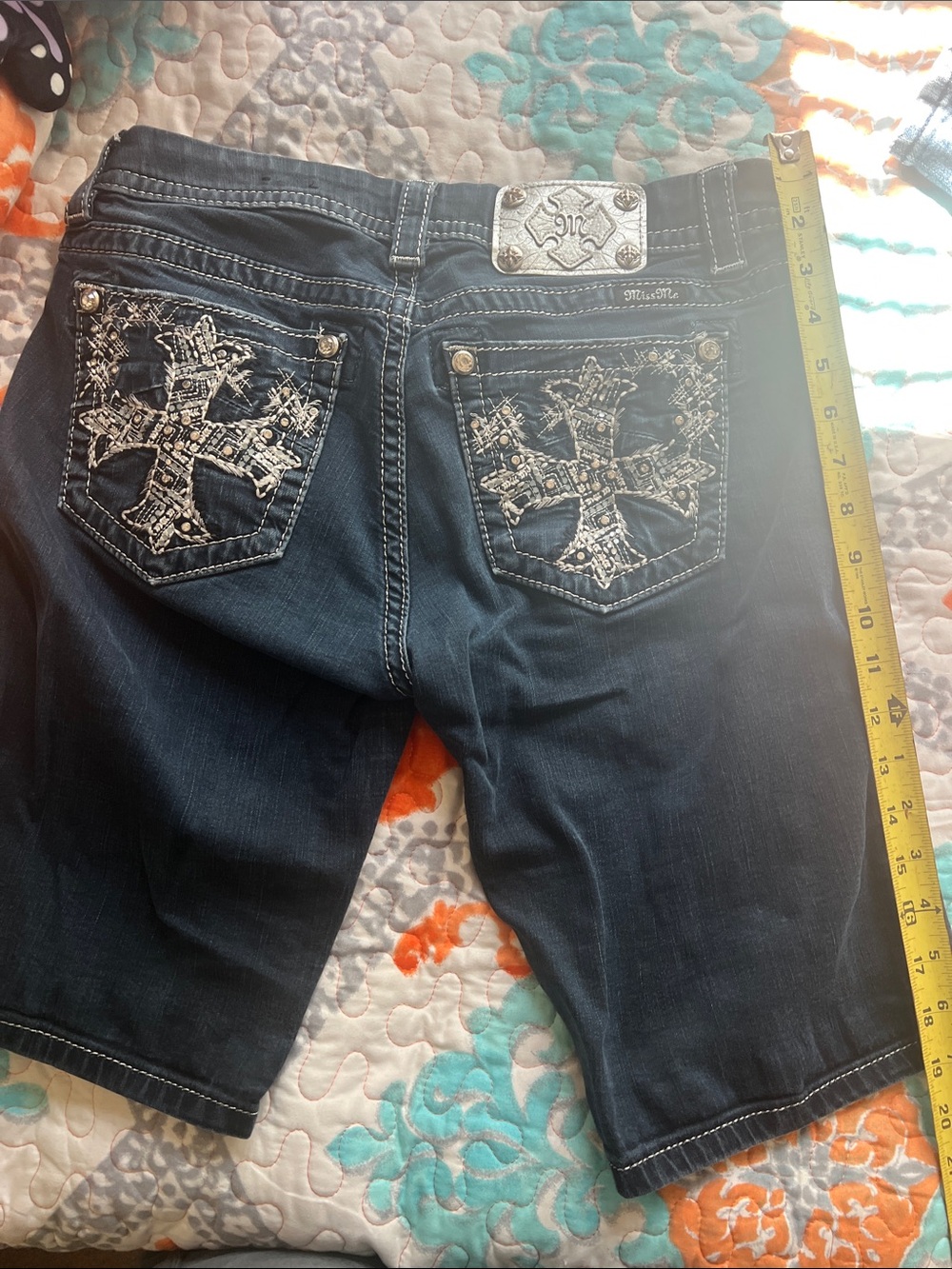 Miss Me Dark Blue Denim Shorts with White Embroidered Cross Pocket